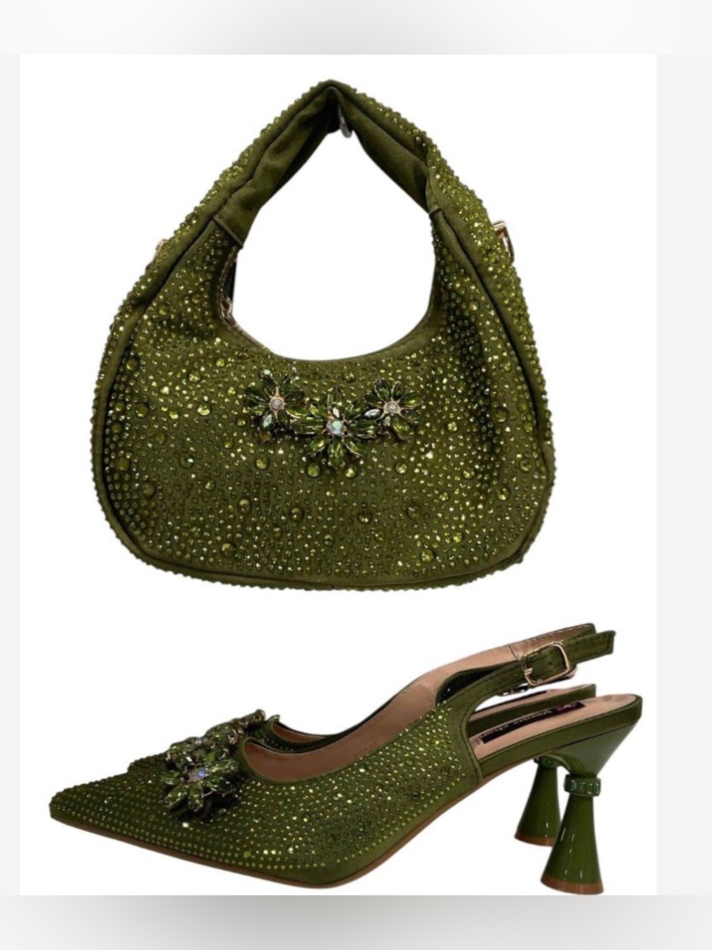 NWOT Venus Chan Olive Green Rhinestone Floral Sling Back Heels w/ Matching Bag